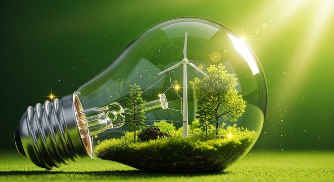 A miniature green landscape with a wind turbine inside a glowing light bulb against a soft green background with sun rays
