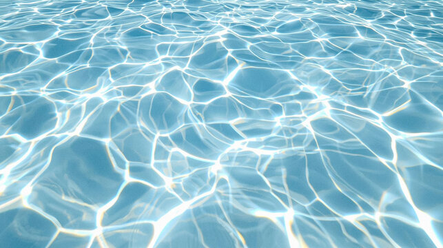 Stunning high-resolution blue water caustics texture, shimmering sunlight reflection on swimming pool surface. Perfect clean abstract background for web design, summer marketing ads, and app UI