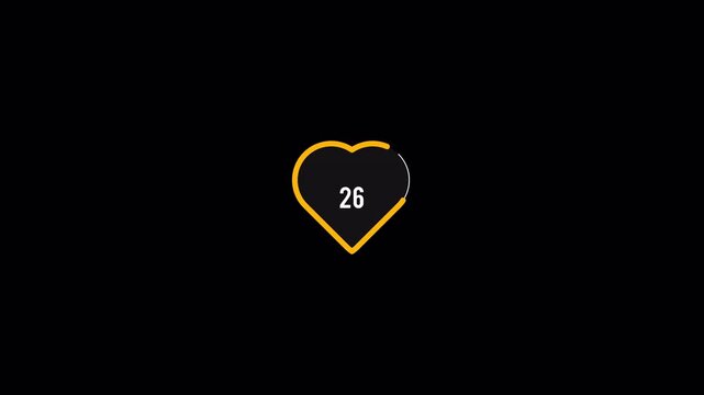 Heart shape countdown animation with yellow progress bar and digital numbers for social media.