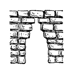 Masonry covering with overhanging stones, rustic stone archway constructed from irregular textured voussoirs, old vintage illustration, 1895. © Timofeeff