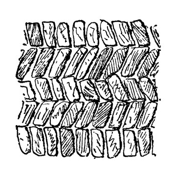 Opus Spicatum (Herringbone Masonry), rectangular brick pattern with alternating dark and light shaded courses, vintage architectural illustration, 1895.
