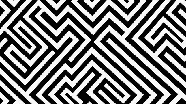 Complex black and white geometric maze pattern with interlocking lines and optical illusion effects.