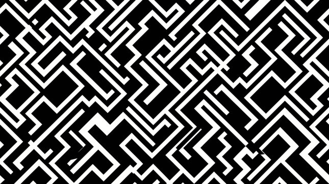 Interlocking black and white geometric maze pattern with tessellated lines and optical illusion texture.