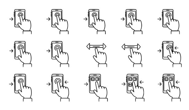 set of paper clips Smartphone hands gesture icon set black and white outline vector mobile touch interaction collection