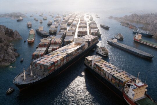 Container and tanker ships clustered in Strait of Hormuz, maritime traffic jam