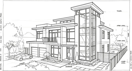 Fototapeta premium Contemporary multi level house architectural sketch illustration with tower feature, modern residential design, detailed exterior layout and urban home concept