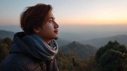 Fototapeta premium A thoughtful profile portrait of a person viewing the expansive sunrise over distant mountain ranges at dawn