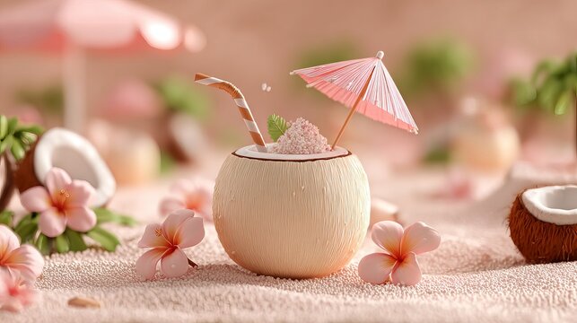 A refreshing coconut cocktail with umbrella and straw on a sandy beach surrounded by flowers