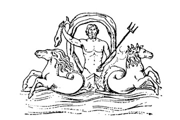 Neptune (Poseidon) Standing with Trident Among Mythical Sea Horses, Maritime Authority Figure, Old Vintage Illustration, 1897. © Timofeeff