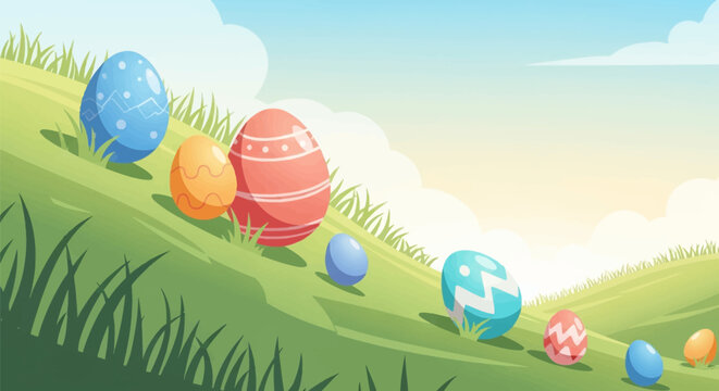 Vector illustration of colorful decorated Easter eggs with patterns rolling down a green grassy hill under a bright blue sky with white clouds during a spring celebration.