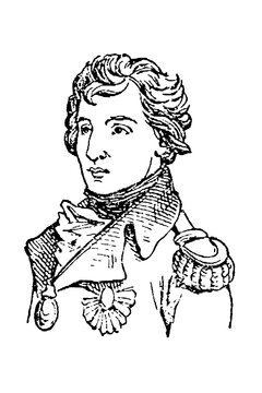 Vice-Admiral Horatio Nelson (1758-1805), line drawing in military uniform with medals and contemplative expression, old vintage illustration, 1897.