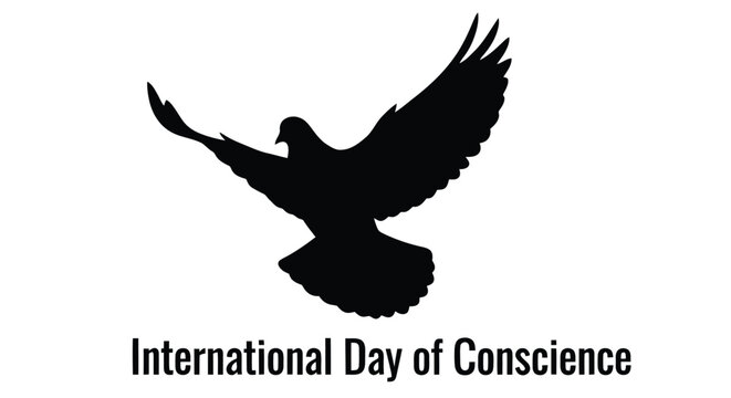 A silhouetted dove in flight with text commemorating the international day of conscience