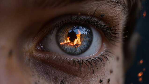 A dramatic close-up of a man's eye with flames burning in the pupil, conveying a sense of intense passion and energy. The captures the texture of the skin, hair, and eyelashes, drawing the viewer into