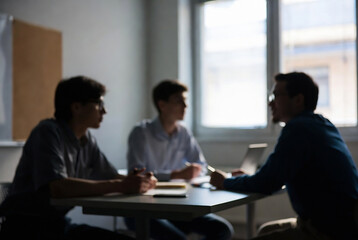 Fototapeta premium Three men are seated at a table, engaged in a discussion. It appears to be an office meeting.