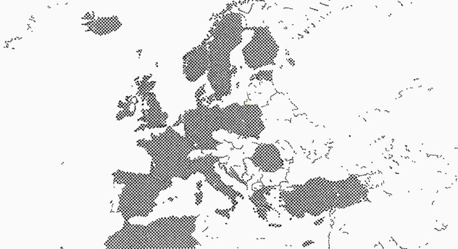 Europe halftone dotted map featuring country borders with dashed outlines, including North Africa and Western Asia, black dots on white background for graphic design and cartography.