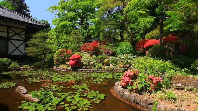 大輪寺の本堂とツツジと庭園