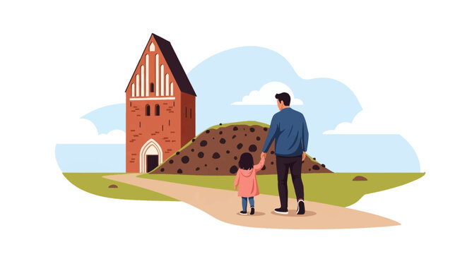 Flat vector illustration of a father holding his young daughter's hand while walking on a path toward a historic red brick church building under a blue sky with clouds.