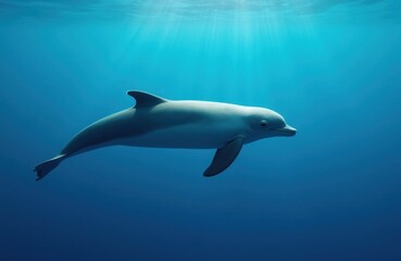 Fototapeta premium Single Bottlenose Dolphin Swimming in Deep Blue Ocean. A solitary bottlenose dolphin glides through clear deep blue ocean water with.