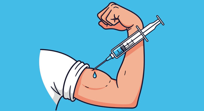 Medical injection, vaccination, healthcare concept, arm with syringe, flu shot