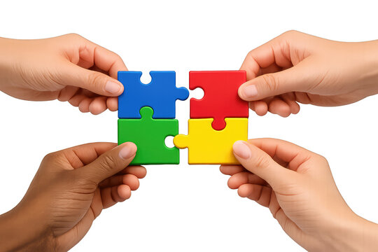 Diverse hands connecting colorful puzzle pieces, teamwork and collaboration concept, group of people building a solution with jigsaw pieces on white background