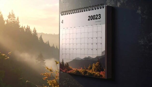 2023 Calendar Hanging on a Wall with a Scenic Landscape Background.