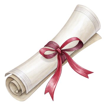 Hand-painted watercolor illustration of a rolled graduation diploma with a red silk ribbon. Classic academic symbol of success and commencement isolated on white.