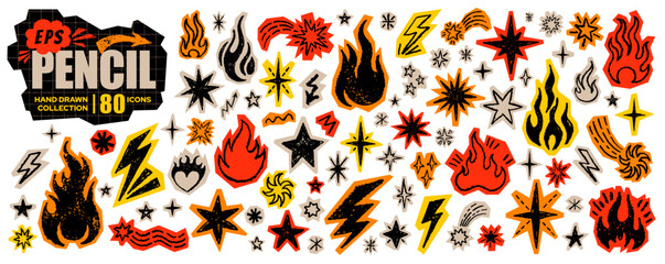 Fire, flame, star, lightning hand drawn collage icon. Doodle scrapbook sticker. Vector brush crayon fire flame star bolt. Cutout grunge grafitti icon. Sketch vintage paper set. Tattoo Punk Rock hot bg