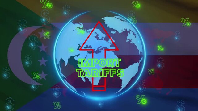 Global import tariffs, with an ascending red arrow, highlight economic concepts against the backdrop of world flag, creating a visual metaphor for the rise of import duties.