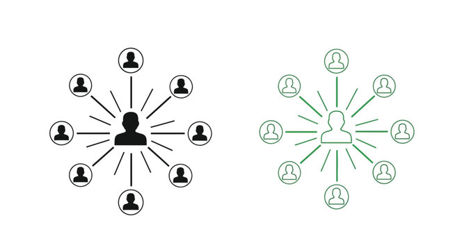 Two network diagrams depicting centralized and decentralized connections