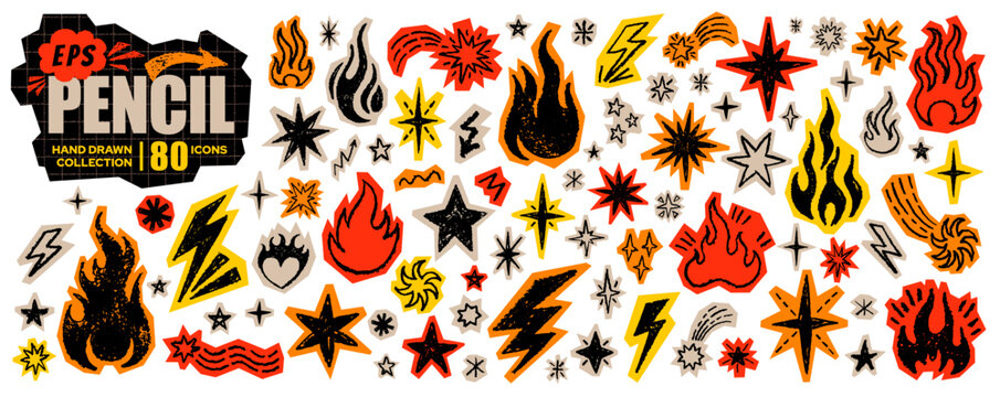 Fire, flame, star, lightning hand drawn collage icon. Doodle scrapbook sticker. Vector brush crayon fire flame star bolt. Cutout grunge grafitti icon. Sketch vintage paper set. Tattoo Punk Rock hot bg