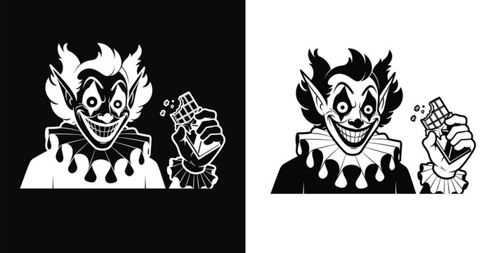 A creepy cartoon clown holding a chocolate bar in a black and white illustration