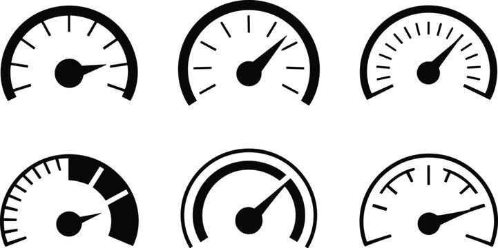 Speedometer gauge icons set, performance meter indicators collection, dashboard measurement symbols, minimalist black vector illustration for speed and power monitoring