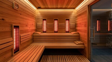 Fototapeta premium Modern infrared sauna interior featuring warm wooden panels, glowing heaters, and comfortable benches, creating a relaxing spa environment.