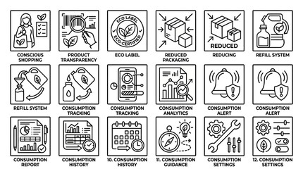 Sustainable Consumption Icons Set for Eco-Friendly Lifestyle.