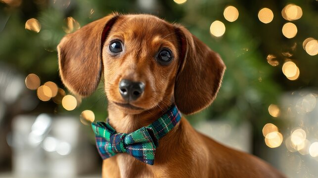 A brown dachshund dog wearing a green and blue plaid bow tie in front of a Christmas tree with lights