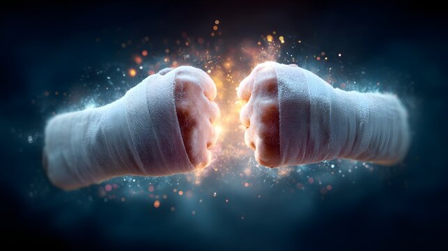 Two clenched fists wrapped in white bandages clashing together with magical light and sparks.