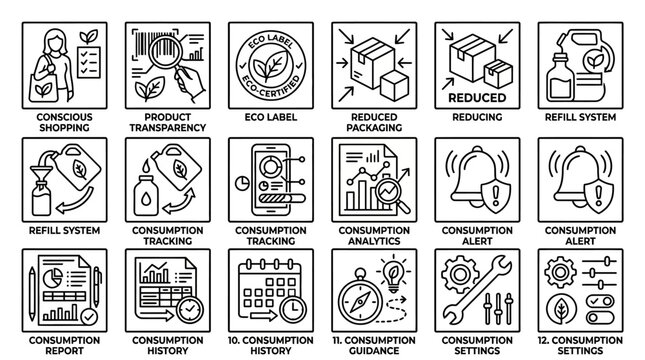 Sustainable Consumption Icons Set for Eco-Friendly Lifestyle.