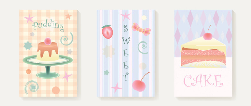 Cute Pastel Dessert Illustration Set with Pudding, Layered Cake, and Sweet Decorative Elements. Vector illustration for logo, promotion, marketing, menu, ads.