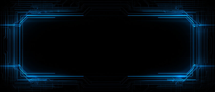 Minimal futuristic corner frame with thin glowing blue lines and clean digital interface style on dark background.