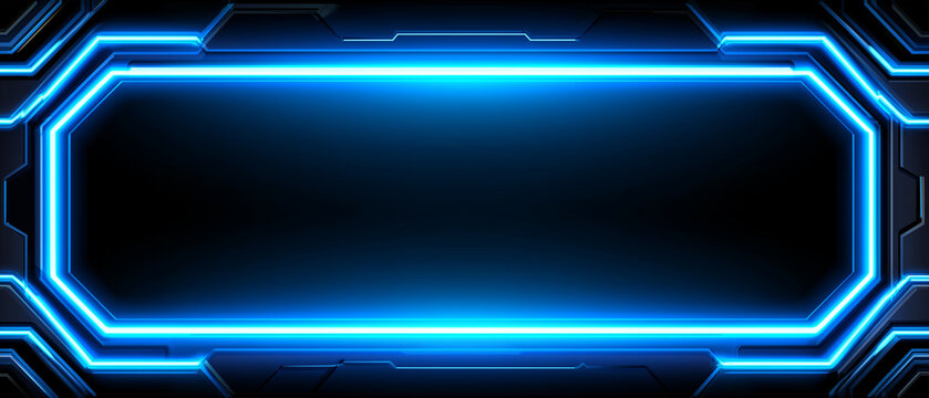 Futuristic glowing blue tech frame with angular corners and neon light edges on dark background, high-tech interface border design.