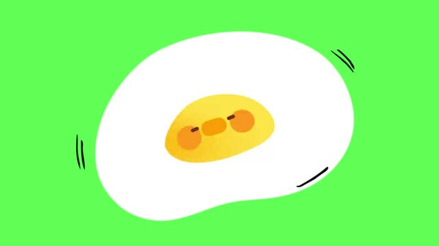 A cartoon fried egg with a happy face is dancing on a green screen in this fun video