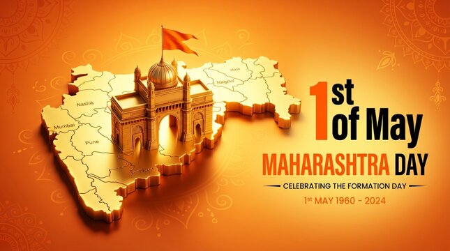 Golden 3d illustration of maharashtra map with gateway of india monument and flag, celebrating maharashtra day on may 1st