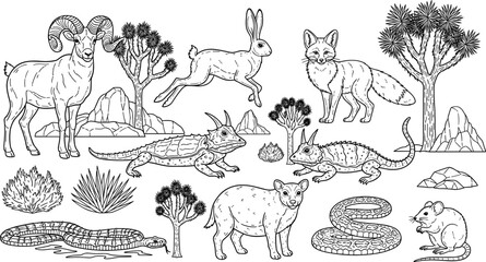 North American Desert Wildlife Collection with Bighorn Sheep, Jackrabbit, Fox, Horned Lizard, Snake, and Mouse in Line Art © Mustak