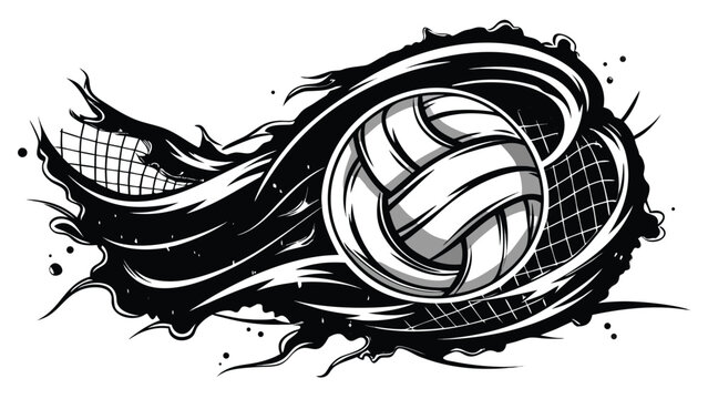 Volleyball with dynamic motion trails and net element appears in a stylized black and white graphic illustration.