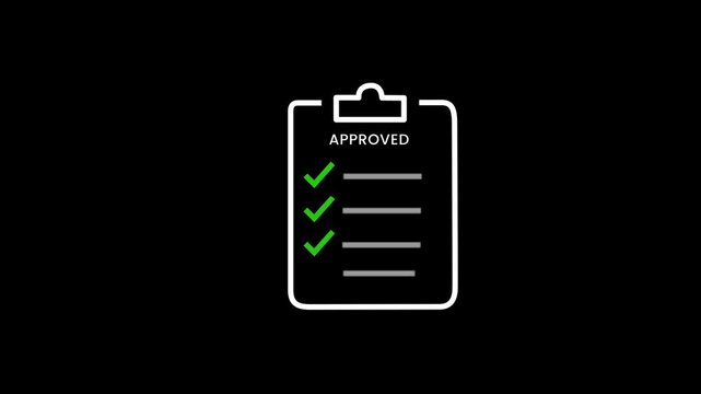 Approved checklist clipboard icon animation with green check marks showing task completion, verification and workflow success concept for business, UI and productivity videos in 4K