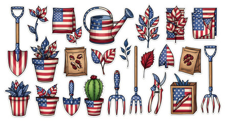 Fototapeta premium Patriotic gardening tools and plants with american flag designs