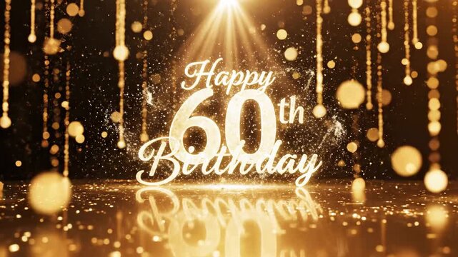 Elegant Golden Celebration Happy 60th Birthday text with glowing bokeh and glitter for anniversary videos and birthday greetings.