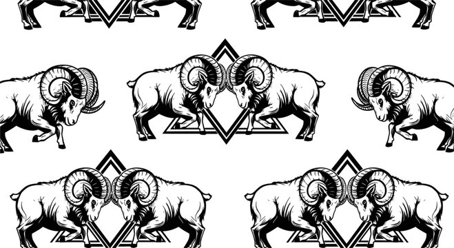 Ram Fighting Set with Two Bighorn Sheep Clashing Horns and Geometric Triangle Frame in Bold Black and White Design