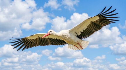 Obraz premium Fotografía hiperrealista de una cigüeña blanca volando con las alas extendidas contra un cielo azul vibrante con nubes blancas. Imagen de stock de alta resolución, luz natural, detalle plumaje nítido.
