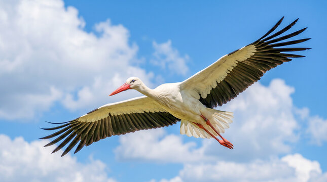 Fotograf&iacute;a hiperrealista de una cig&uuml;e&ntilde;a blanca volando con las alas extendidas contra un cielo azul vibrante con nubes blancas. Imagen de stock de alta resoluci&oacute;n, luz natural, detalle plumaje n&iacute;tido.